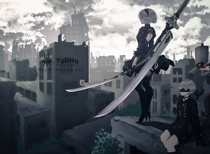 yorha no.2 type b, nier: автоматы, yorha no.9 type s, большой меч, стоя, повязки на глазу, аниме, HD обои