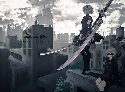 yorha no.2 type b, nier: automata, yorha no.9 type s, big sword, standing, eyepatchs, Anime, HD wallpaper HD wallpaper