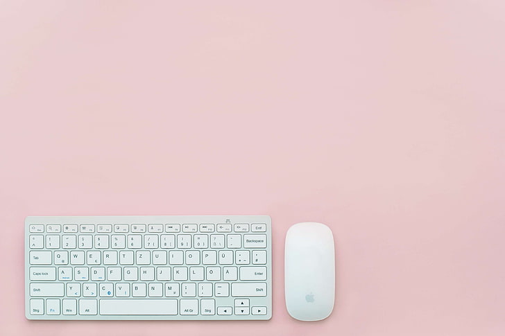 apple, background, clean, desk, feminine, flatlay, keyboard, mouse, pastel, pink, HD wallpaper