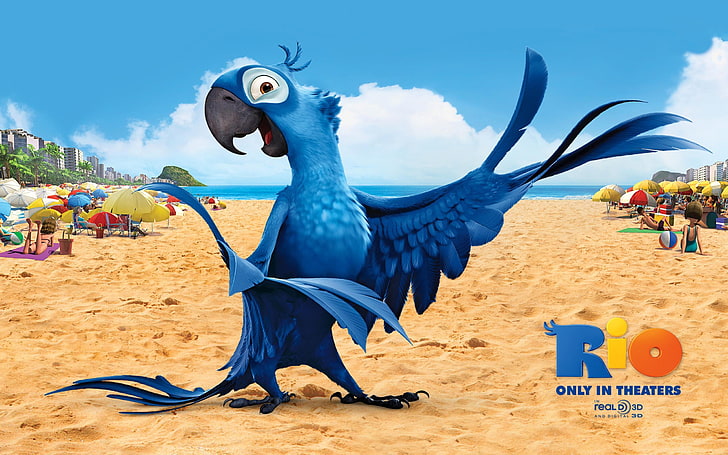 Rio Blue, sand, beach, bird, cartoon, wings, feathers, beak, parrot, bright, colorful, Rio, darling, Rio de Janeiro, blue macaw, HD wallpaper
