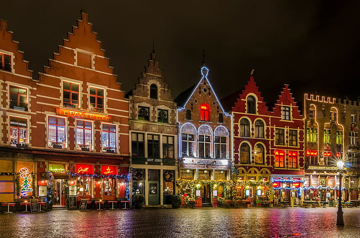 ベルギー、ブルージュ、ベルギー、ブルージュ、マルクト広場、夜、ライト、クリスマス、 HDデスクトップの壁紙