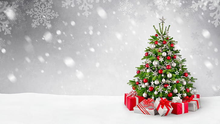 Christmas tree, Snowfall, 5K, Decoration, Gifts, Presents, HD wallpaper