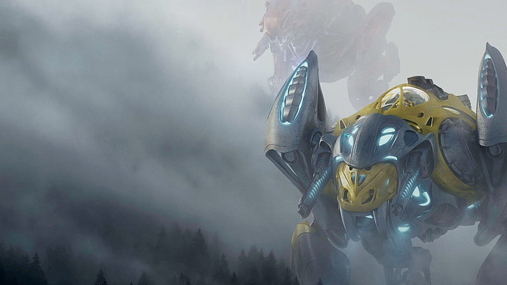 gelber und grauer Roboter umgeben von Nebeltapeten, Power Rangers, Zords, HD-Hintergrundbild