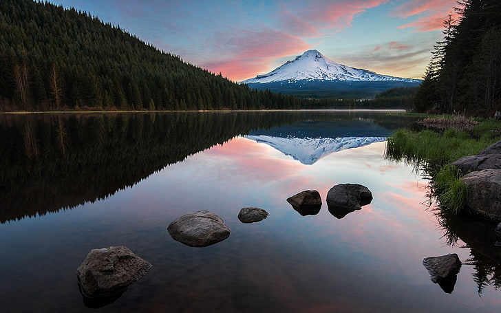 body of water, nature, landscape, mountains, lake, forest, snowy peak, calm, water, reflection, Oregon, clouds, HD wallpaper
