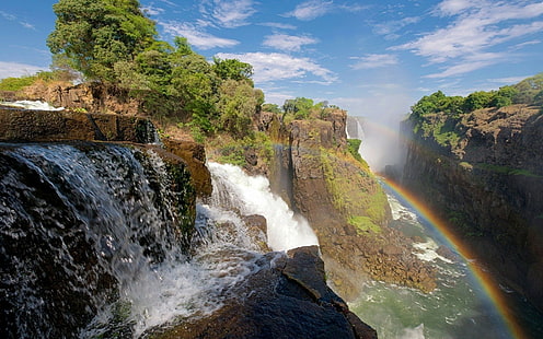 Victoria Falls, clouds, landscape, Nature, trees, rainbow, Victoria Falls, photo, HD wallpaper HD wallpaper