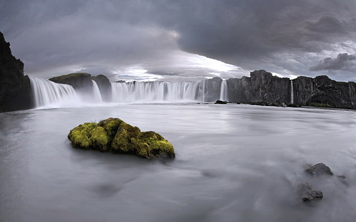Исландия Водопад Замедленная съемка Мосс Рок Каменные Облака Шторм Цветной всплеск HD, природа, облака, камень, замедленная съемка, камень, водопад, мох, шторм, красочный всплеск, Исландия, HD обои