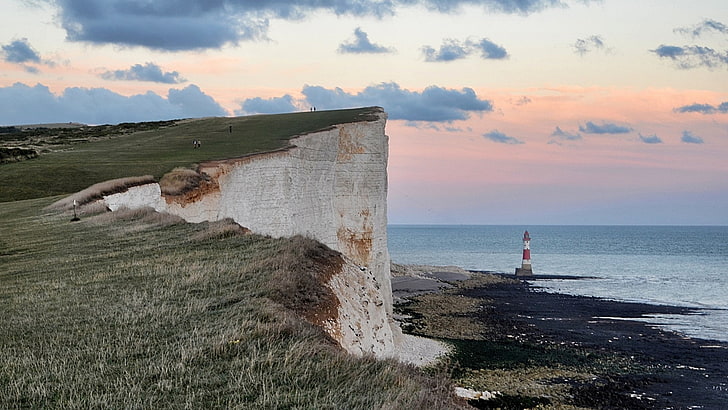 landscape, lighthouse, cliff, sea, shore, coast, nature, HD wallpaper