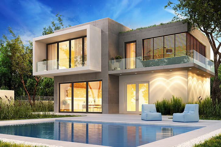 desain, rumah, halaman, Villa, kolam renang, modern, rumah, kemewahan, Wallpaper HD