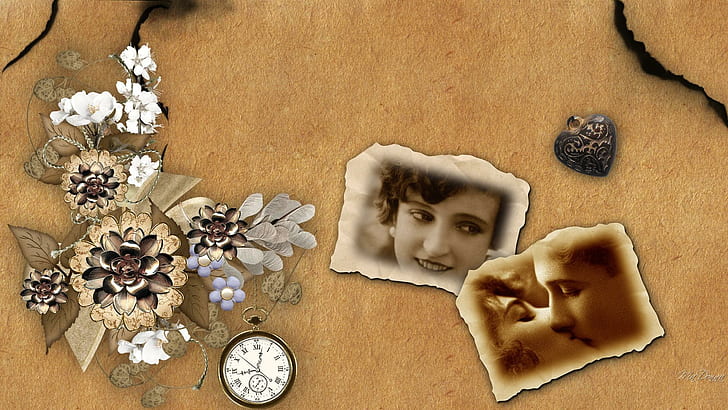 Burning Memories, flowers, parchment, lovers, retro, pocket-watch, photos, romatnic, vintage, leaves, burnt-paper, heart, collage, HD wallpaper