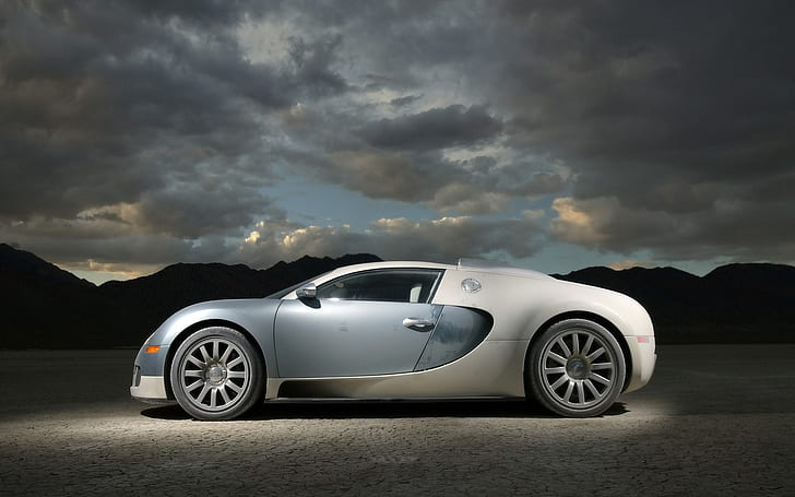 Bugatti Veyron 2007 - Side, silver and white coupe, HD wallpaper