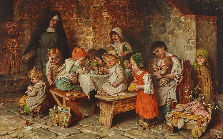 Pittore tedesco, Hermann von Kaulbach, Scuola di Monaco, olio su tavola, La scuola di Monaco, Bambini che mangiano nel monastero, Bambini che mangiano in un monastero, Sfondo HD