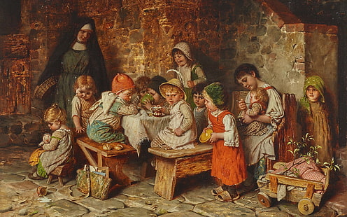 Немски художник, Херман фон Каулбах, Мюнхенско училище, масло на панел, Мюнхенското училище, Децата се хранят в манастира, Деца, които се хранят в манастир, HD тапет HD wallpaper