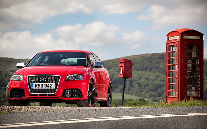 Audi RS3, червена кола, готина, телефонна кабина, audi rs3, червена кола, готина, телефонна кабина, HD тапет