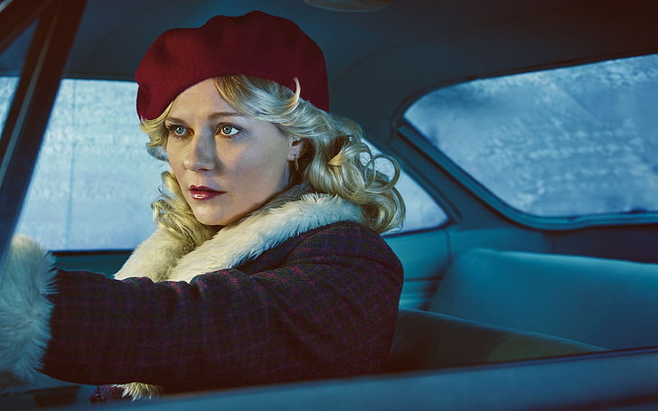 Kirsten Dunst, mulheres, loira, atriz, batom vermelho, carro, mulheres com carros, chapéu, Fargo (série de TV), TV, olhos azuis, HD papel de parede