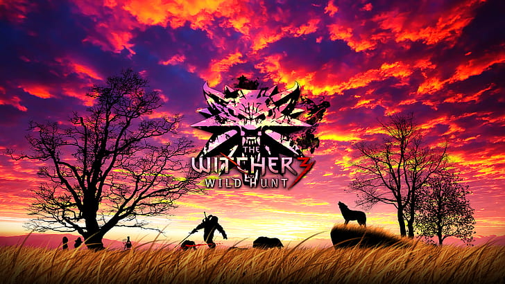 The Witcher 3: Wilde Jagd, Geralt von Rivia, Sonnenuntergang, Wolf, trockenes Gras, Wolken, Silhouette, The Witcher, HD-Hintergrundbild