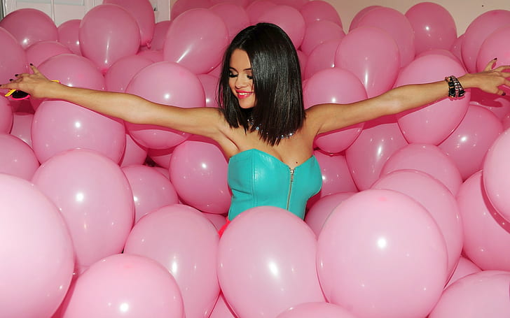 wanita, balon, warna merah muda, model, Selena Gomez, Wallpaper HD