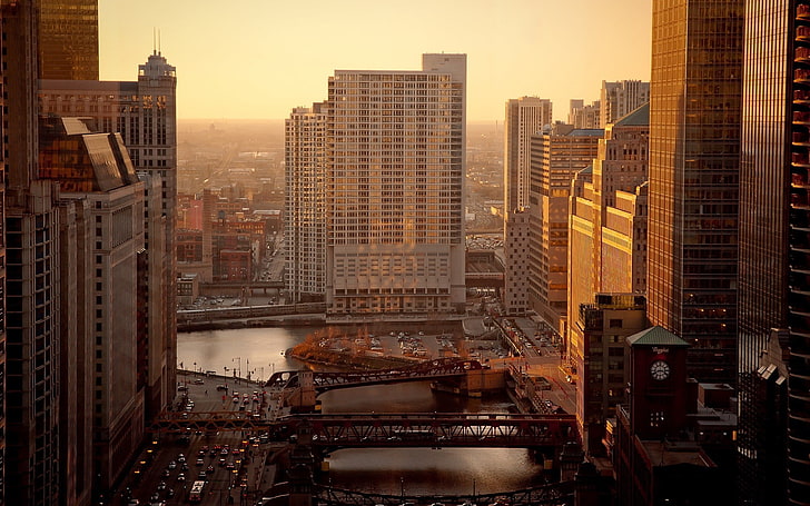 aerial view of city, city, cityscape, river, bridge, building, Chicago, USA, road, car, HD wallpaper