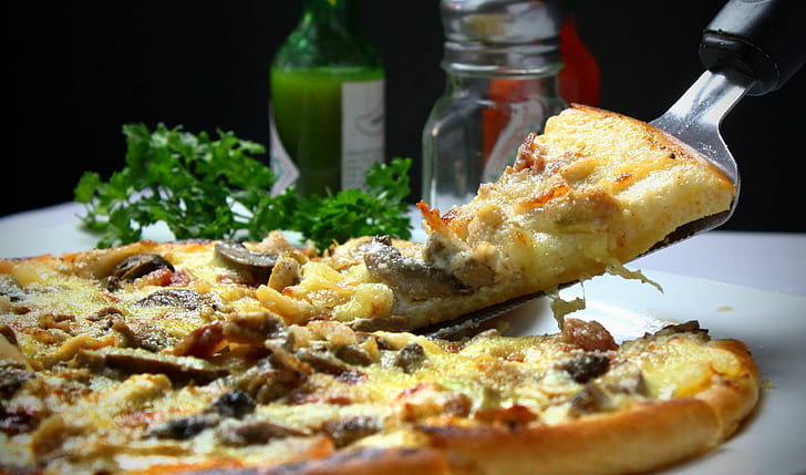 cheese, dinner, fast food, italian, lunch, pizza, slice, toppings, HD wallpaper