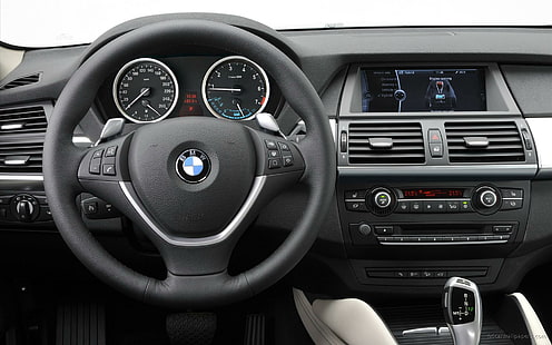 2010 BMW X6 ActiveHybridインテリア、ブラックBMWステアリングホイール、インテリア、2010年、activehybrid、車、 HDデスクトップの壁紙 HD wallpaper
