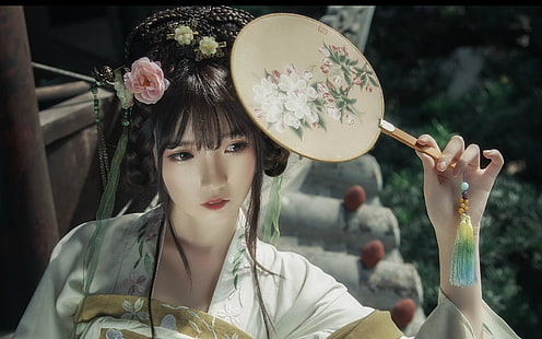 Azjatki, kobiety, chińska sukienka, hanfu, nakrycie głowy, Tapety HD HD wallpaper