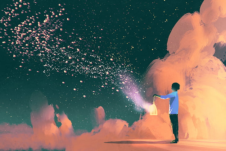 person holding lantern digital wallpaper, anime, clouds, lantern, night, sky, standing, night sky, HD wallpaper