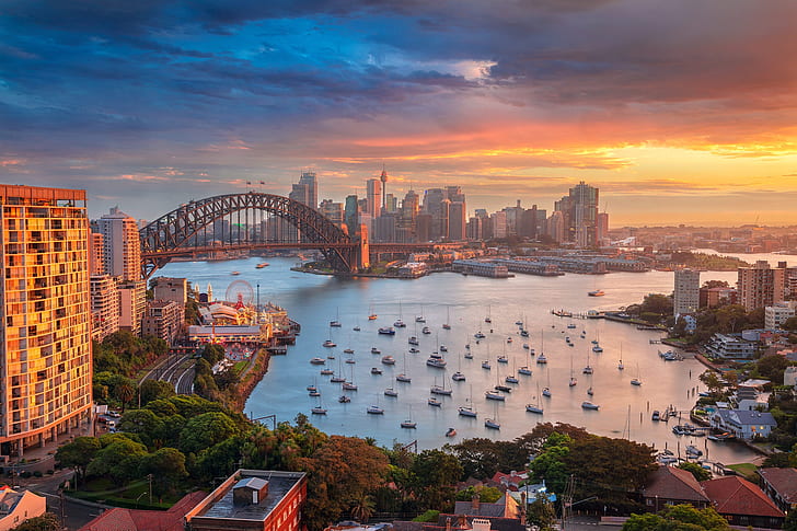 sunset, bridge, building, home, yachts, Australia, Bay, Sydney, harbour, Harbour Bridge, Port Jackson, The Bay Of Port Jackson, HD wallpaper