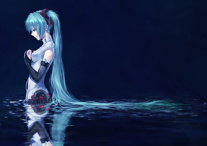 Vocaloid, Hatsune Miku, Blue Hair, Water, Anime, Anime Girl, female anime character with blue long hair, vocaloid, hatsune miku, blue hair, water, anime, anime girl, HD wallpaper