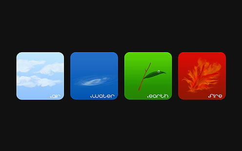 fyra digitala bakgrundsbilder, himlen, vatten, moln, blå, röd, grön, eld, flamma, jord, element, blad, gren, rutor, luften, svart bakgrund, luft, HD tapet HD wallpaper