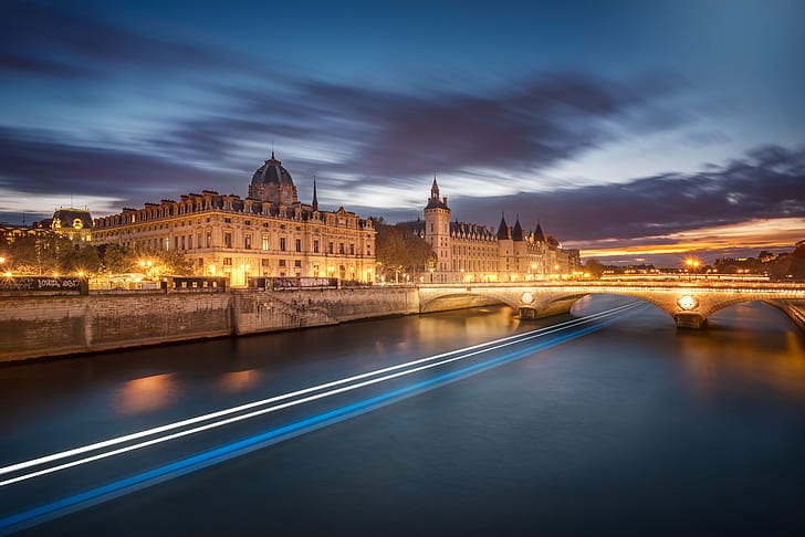 architectural photography of bridge and cathedral, La, conciergerie, architectural photography, bridge, cathedral, paris, sunset, landscapes, longexposure, light  blue, bluehour, street, seine, river, night, famous Place, bridge - Man Made Structure, architecture, cityscape, illuminated, europe, urban Scene, dusk, city, twilight, thames River, capital Cities, HD wallpaper