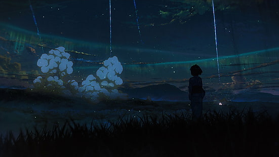  anime, landscape, sky, clouds, kimono, Japanese kimono, Kimi no Na Wa, grass, Your Name, HD wallpaper HD wallpaper