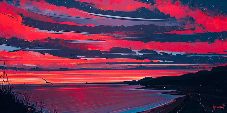картина пляжа под бледным вечерним небом, произведения искусства, Aenami, закат, сумерки, HD обои