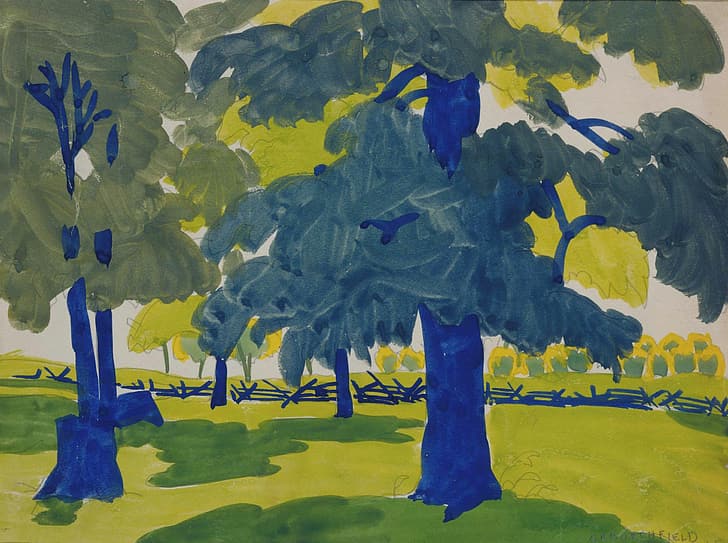 1915, Чарльз Эфраим Берчфилд, Опушка леса, в солнечном свете, HD обои