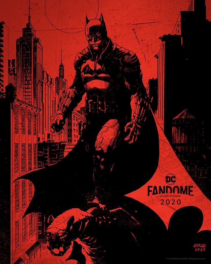 Батманът (2021), дигитално изкуство, DC Comics, червено, черно, Батман, град, небостъргач, HD тапет, тапет за телефон