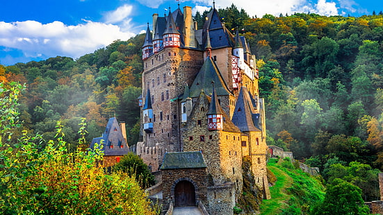 пейзаж, европа, германия, wierschem, замок эльц, бург эльц, туризм, гора, завод, природа, здание, туристическая достопримечательность, замок, замок, небо, дерево, ориентир, HD обои HD wallpaper