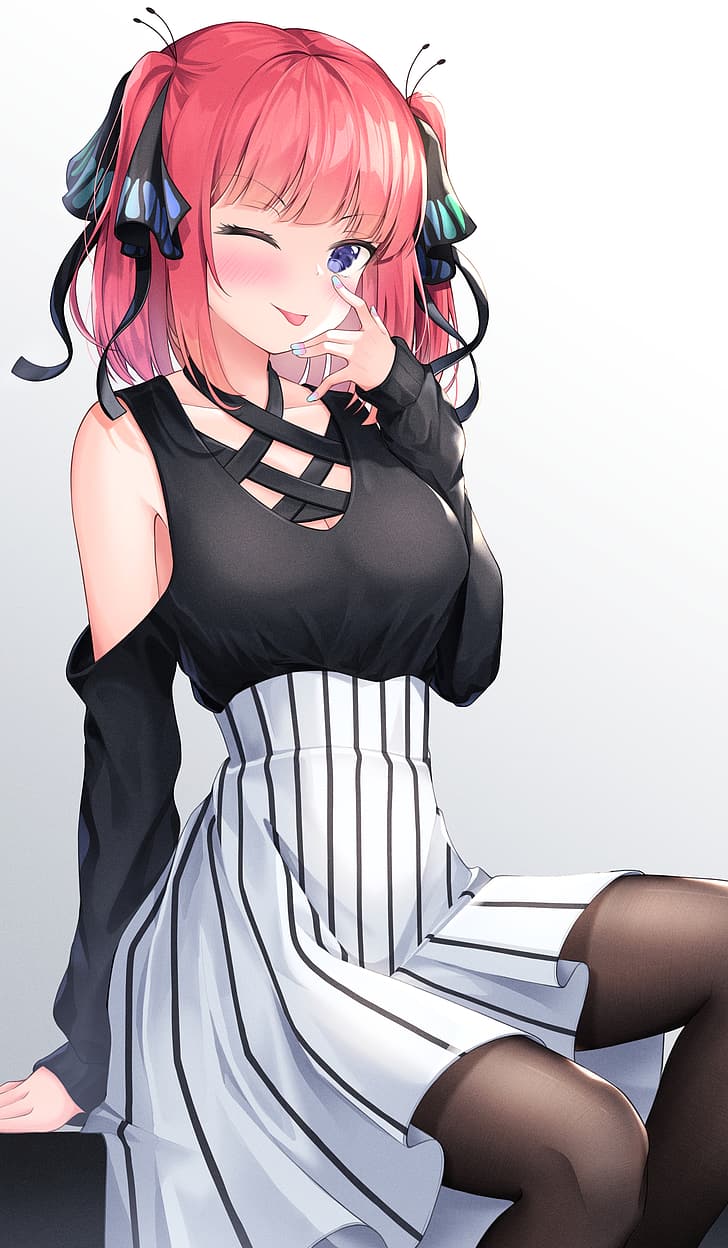 5-toubun no Hanayome, shoulder length hair, thighs, pantyhose, bare shoulders, hair ribbon, tongue out, blue eyes, redhead, looking at viewer, blushing, twintails, striped skirt, black shirt, white skirt, sitting, big boobs, Nakano Nino, anime girls, 2D, fan art, solo, arm support, anime, one eye closed, nail polish, smile, curvy, simple background, artwork, vertical, HD wallpaper