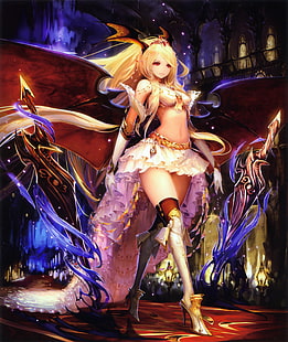 девушка в белом топе, персонаж аниме, Shingeki no Bahamut, меч, высокие каблуки, королева вампиров (Shingeki no Bahamut), блондинка, HD обои HD wallpaper