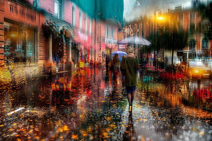 painting of woman walking, autumn, girl, the city, people, street, umbrellas, Russia, Saint Petersburg, HD wallpaper