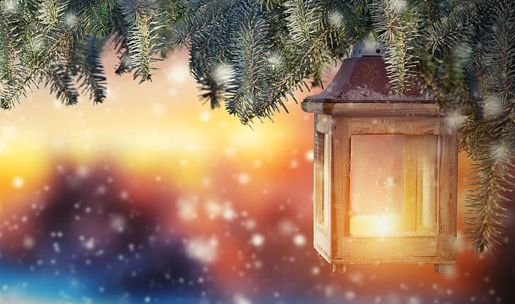 snow, decoration, tree, New Year, Christmas, lantern, Merry Christmas, Xmas, candle, holiday celebration, HD wallpaper