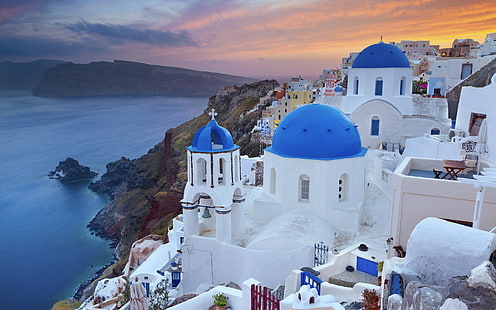 Grécia, cidade, costa, igreja de cúpula azul em santorini grécia, grécia, cidade, costa, s, hd, melhor s, HD papel de parede HD wallpaper