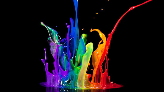 purple, blue, green, red, and orange color splash, color, paint, bursts, black background, HD wallpaper HD wallpaper