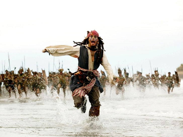 Jack Sparrow, Johnny Depp, Sea, Running, Jack Sparrow, Pirates of the Caribbean, De infödda, HD tapet