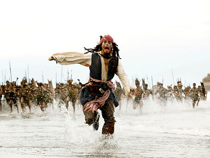 Jack Sparrow, Johnny Depp, Mar, Em execução, Jack Sparrow, Piratas do Caribe, Os nativos, HD papel de parede HD wallpaper