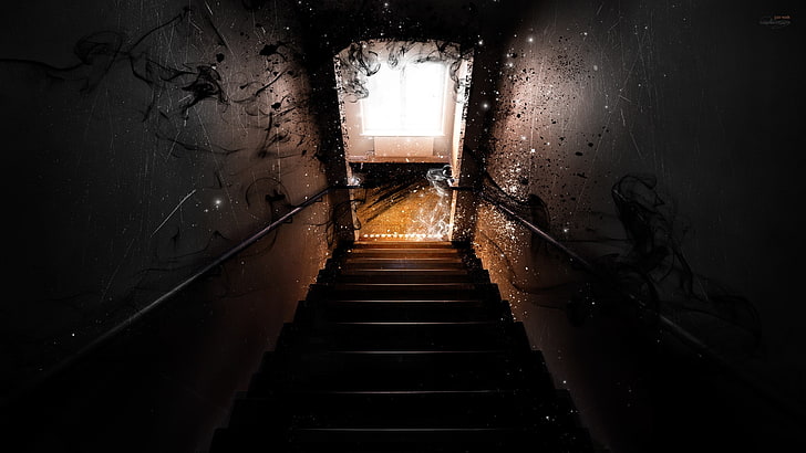 staircase between walls digital wallpaper, dark, black, smoke, stairs, HD wallpaper