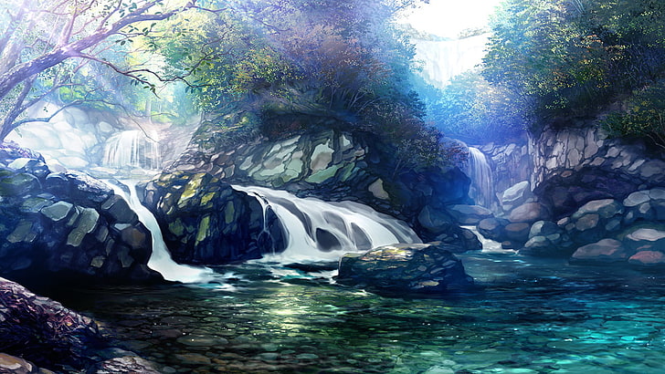 waterfalls and trees painting, fantasy art, artwork, HD wallpaper