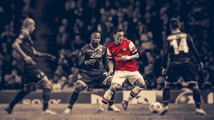 men's red and white jersey shirt, soccer, HDR, Arsenal Fc, Mesut Ozil, selective coloring, men, sport, HD wallpaper