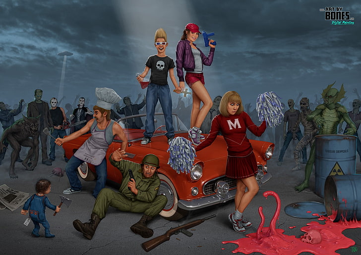 group of people graphic wallpaper, werewolves, chainsaws, zombies, soldier, Zombies Ate My Neighbors, video games, HD wallpaper