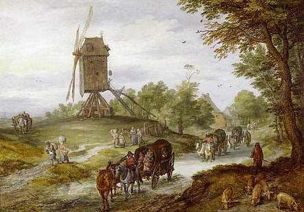 droga, ludzie, obraz, wagon, Jan Brueghel starszy, Krajobraz z wiatrakiem, Tapety HD HD wallpaper