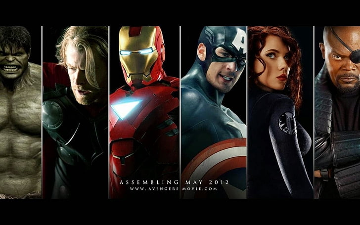 Papel de parede de montagem em maio de 2012, Hulk, Homem de Ferro, Thor, Capitão América, Viúva Negra, Nick Fury, Os Vingadores, Scarlett Johansson, HD papel de parede
