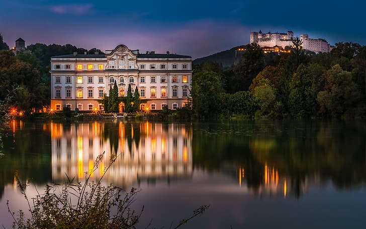 trees, lake, reflection, castle, Austria, fortress, Palace, Salzburg, Hohensalzburg Fortress, Hohensalzburg Castle, Schloss Leopoldskron, Lake Leopoldskroner Weiher, The Palace Of Leopoldskron, HD wallpaper