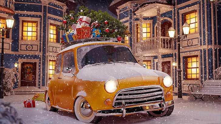 кола, подаръци, превозно средство, сняг, Коледа, класически, ретро кола, Коледа, пазаруване, подаръци, зима, улица, антична кола, HD тапет